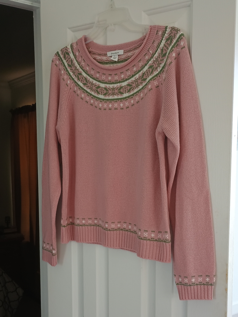 Dusty Rose Pink Fair Isle Yoke Crewneck Sweater with Green Accents Trendy